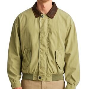 Eddie Bauer Bomber Jacket Olive Green Leather Collar Winter Large